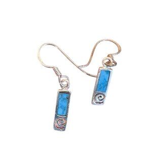 Blue Turquoise Bar Dangle Drop Earrings Sterling Silver 925 Women Southwest